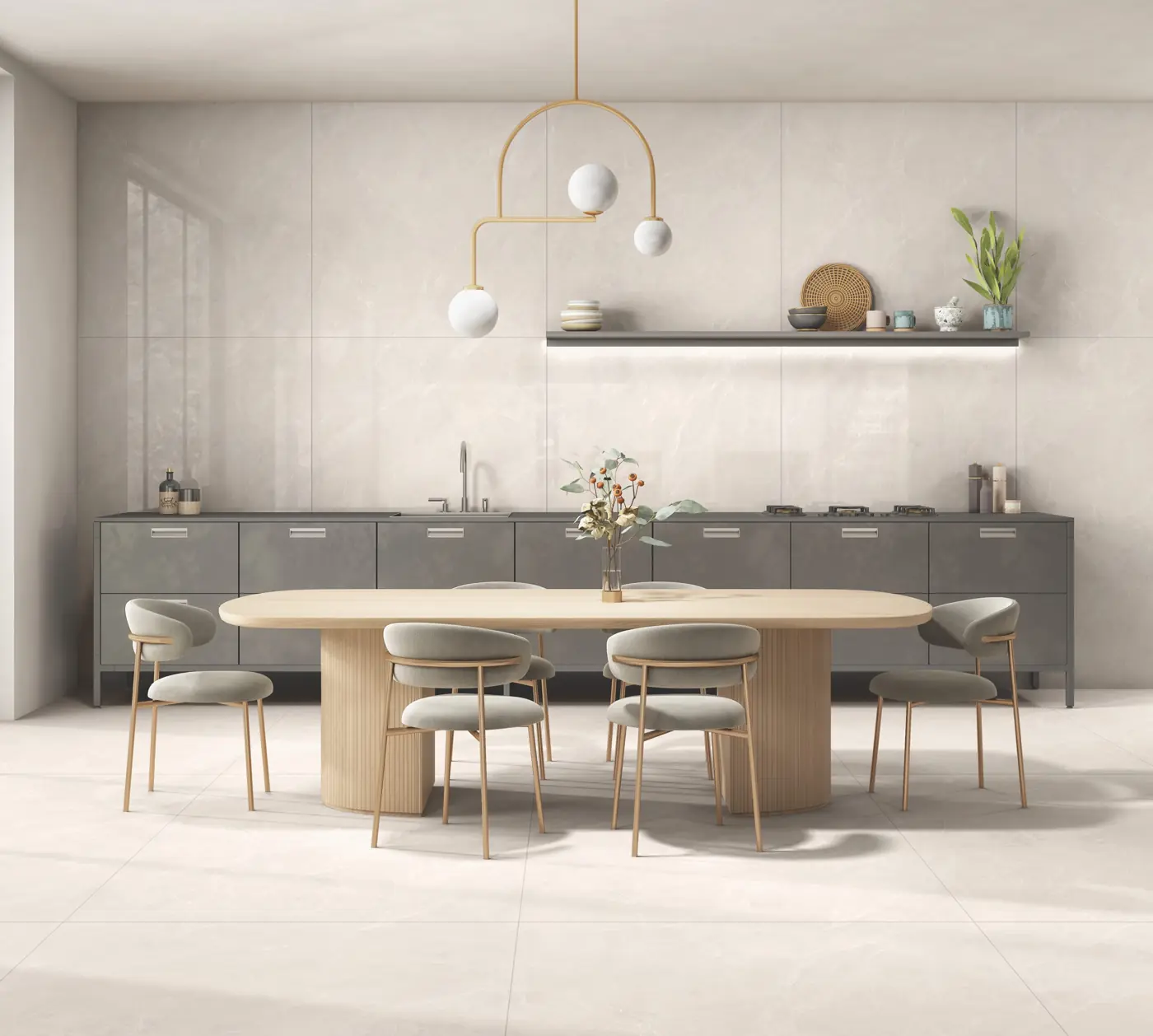 Warm Beige Marble Look Dining and kitchen with large glossy marble-look tiles