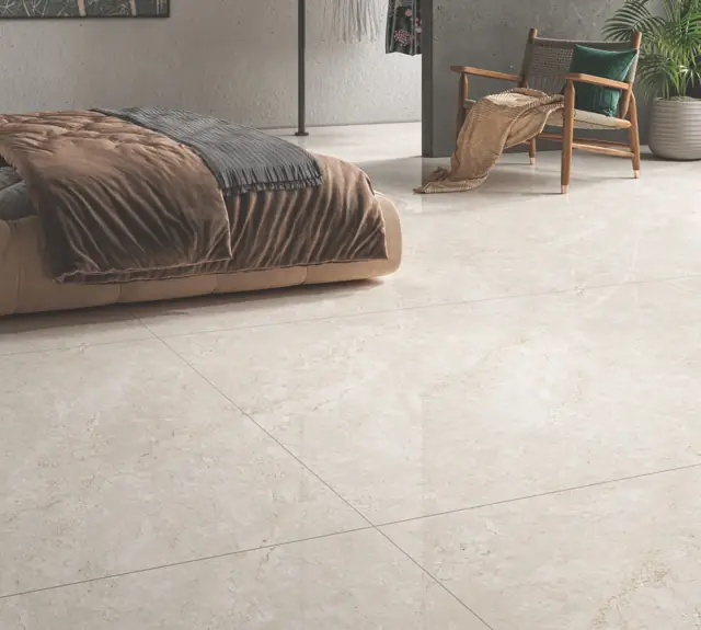 Warm Beige Marble Look Bedroom with large glossy tiles