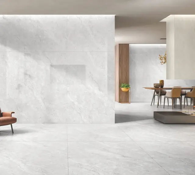 Soft Grey Marble Look Living room with large glossy tiles
