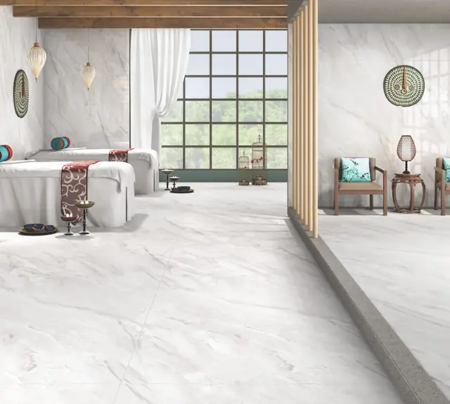 Soft Grey Marble Look Spa lounge with large glossy tiles