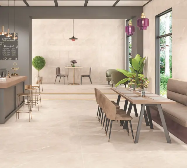 Warm Beige Marble Look Café with large glossy tiles