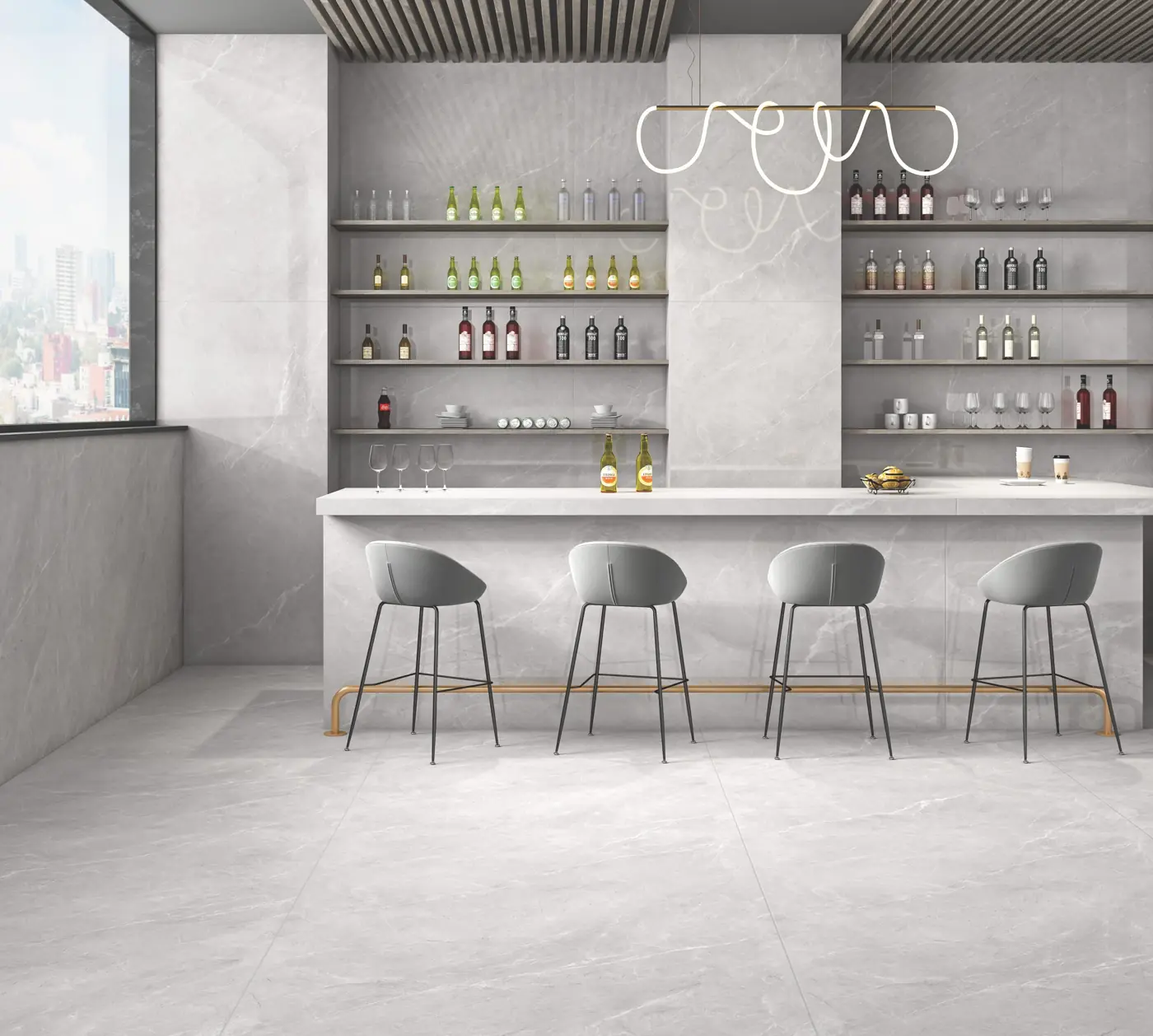 Soft Grey Marble Look Bar counter with large glossy marble-look tiles