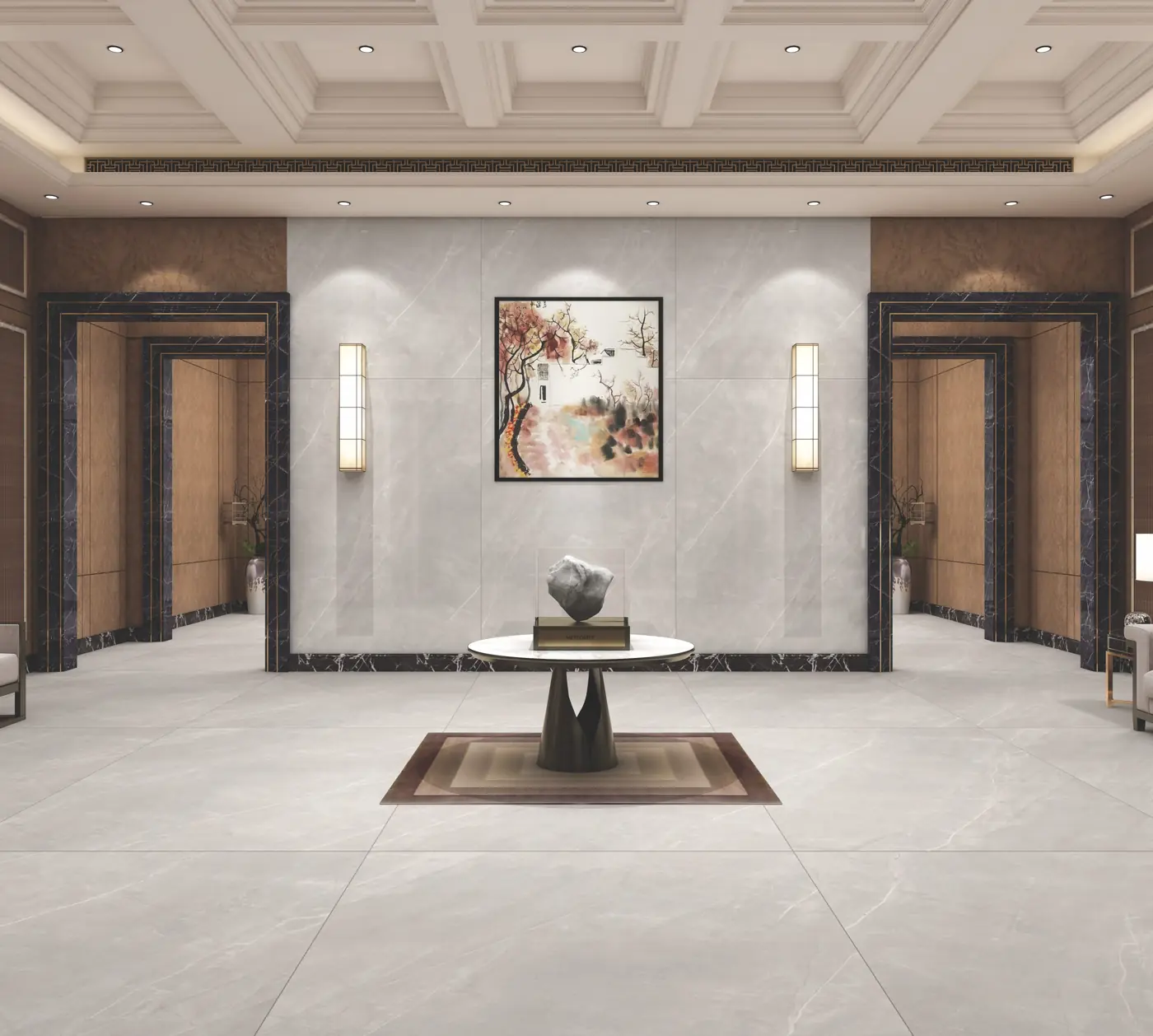 Soft Grey Marble Look Lift lobby with large glossy marble-look tiles